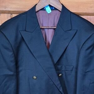 Paul Fredrick Mens Black Wool Double Breasted Suit Jacket Blazer Size 42L